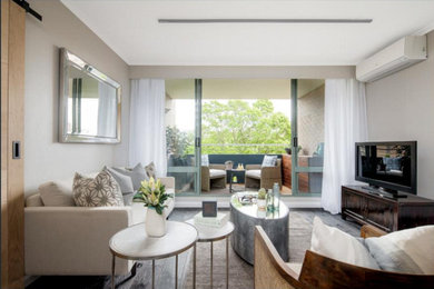 Modernes Wohnzimmer ohne Kamin mit grauer Wandfarbe und dunklem Holzboden in Sydney