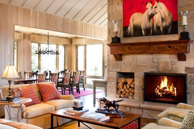 Living room - rustic formal living room idea in Salt Lake City with a standard fireplace, a stone fireplace and no tv