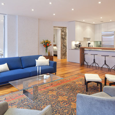 Example of a trendy open concept living room design in New York with white walls