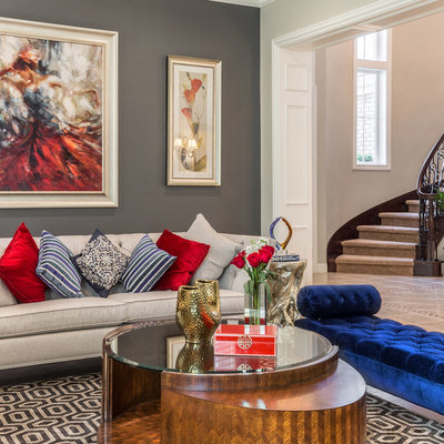 Inspiration for a transitional formal and open concept dark wood floor living room remodel in San Francisco with gray walls