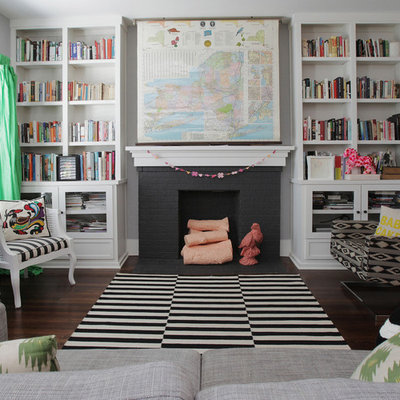 Large eclectic living room library photo in Dallas with no tv