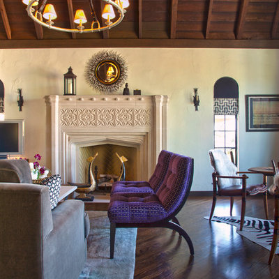 Inspiration for an eclectic formal dark wood floor living room remodel in San Francisco with beige walls and a standard fireplace