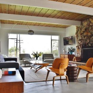 Inspiration for a 1960s formal and open concept concrete floor living room remodel in Los Angeles with white walls, a standard fireplace, a stone fireplace and a wall-mounted tv