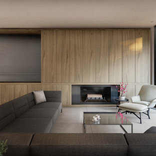 75+ Wohnzimmer mit Porzellan-Bodenfliesen und Kaminumrandung aus Metall