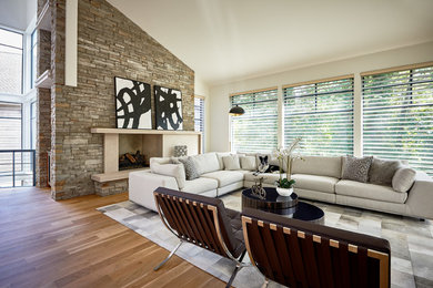 Inspiration for a large midcentury formal open plan living room in Charlotte.