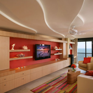 Ispirazione per un soggiorno contemporaneo di medie dimensioni e stile loft con pareti rosse, TV a parete, sala formale e pavimento con piastrelle in ceramica