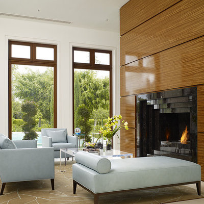 Mid-sized asian open concept living room photo in Miami with white walls