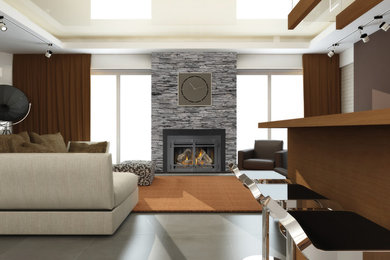 デンバーにある高級な広いコンテンポラリースタイルのおしゃれなリビング (ベージュの壁、セラミックタイルの床、標準型暖炉、石材の暖炉まわり) の写真