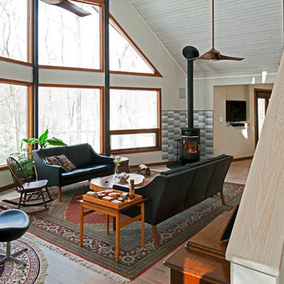 Mid-sized danish open concept light wood floor living room photo in DC Metro with white walls, a wood stove and a tile fireplace