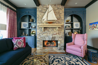 Example of a large transitional formal and enclosed light wood floor and gray floor living room design in Other with gray walls, a standard fireplace, a stone fireplace and no tv