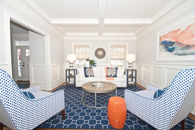 Inspiration for a mid-sized transitional open concept and formal carpeted and blue floor living room remodel in New York with gray walls, no fireplace and no tv