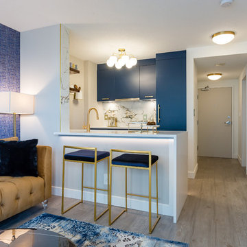 Navy blue and gold kitchen/living room