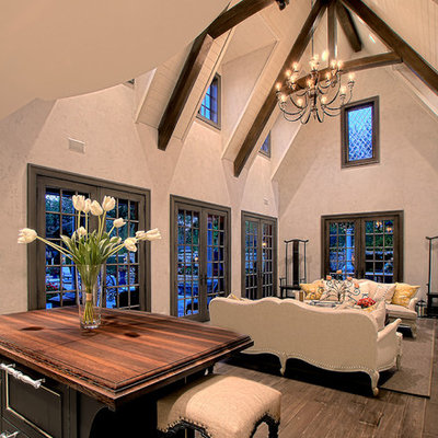 Inspiration for a large timeless formal and open concept medium tone wood floor living room remodel in Chicago with beige walls and no fireplace