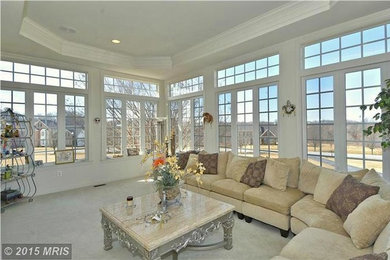Large transitional formal and enclosed carpeted living room photo in DC Metro with white walls, no fireplace and no tv