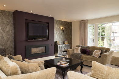 Photo of a large contemporary formal enclosed living room in London with beige walls, ceramic flooring, a wood burning stove, a stone fireplace surround and a wall mounted tv.