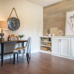 Living room - mid-sized coastal open concept dark wood floor and brown floor living room idea with beige walls