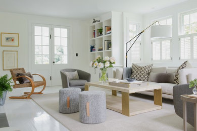 This is an example of a scandi living room in New York with feature lighting.