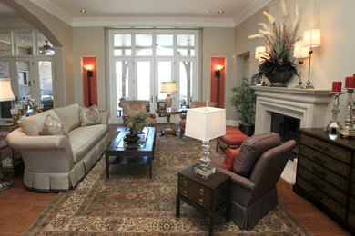 Design ideas for an eclectic living room in Wichita with grey walls and a standard fireplace.