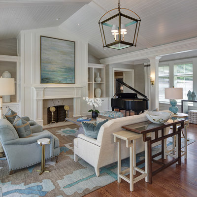 Large transitional formal and open concept medium tone wood floor living room photo in Cleveland with a standard fireplace, a stone fireplace, white walls and no tv