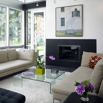 Inspiration for a contemporary living room remodel in Boston with white walls and a standard fireplace