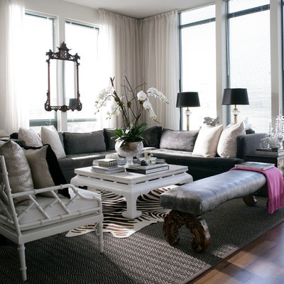 Living room - transitional formal dark wood floor living room idea in New York with gray walls
