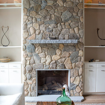 New England Style Design: Fireplace, Chimney, Columns, and Stone Siding