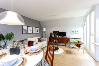 Diseño de salón con barra de bar cerrado nórdico de tamaño medio con paredes grises, suelo de madera clara y televisor independiente