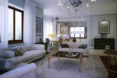 Example of a large ornate formal and enclosed dark wood floor and brown floor living room design in Chicago with blue walls, a standard fireplace and a plaster fireplace