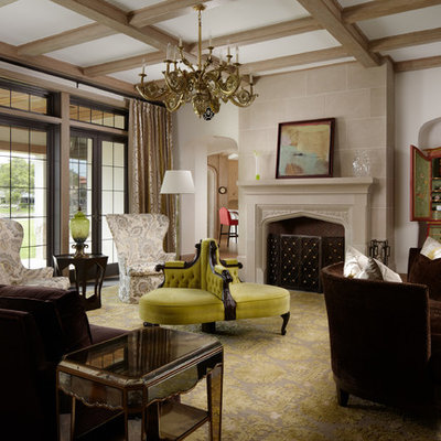 Large elegant formal and enclosed living room photo in Miami with a stone fireplace, white walls and a standard fireplace