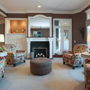 Example of a mid-sized classic open concept carpeted and beige floor living room design in Grand Rapids with a music area, brown walls, a standard fireplace, a stone fireplace and no tv