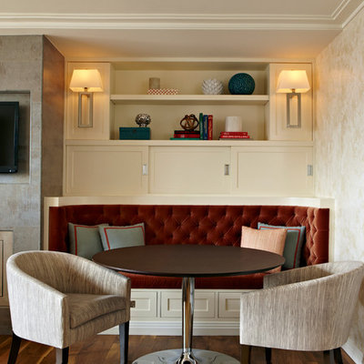 Small transitional formal and enclosed dark wood floor and brown floor living room photo in New York with beige walls, a wall-mounted tv, a standard fireplace and a metal fireplace