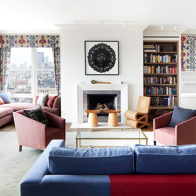 Inspiration for a contemporary formal and open concept living room remodel in New York with white walls, a standard fireplace and no tv