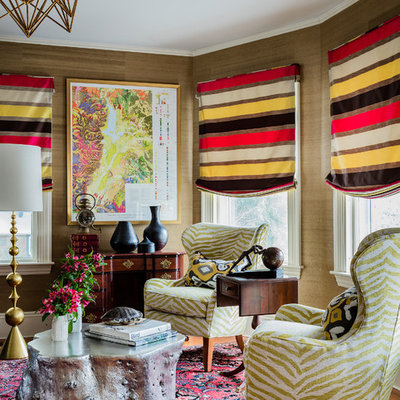 Example of a mid-sized eclectic formal and open concept medium tone wood floor living room design in Boston with no fireplace, no tv and beige walls