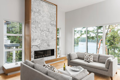 Großes, Fernseherloses, Repräsentatives Modernes Wohnzimmer mit weißer Wandfarbe, hellem Holzboden, Gaskamin, Kaminumrandung aus Stein und gewölbter Decke in Sonstige