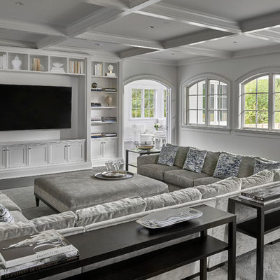 Inspiration for a large transitional enclosed dark wood floor and black floor living room remodel in Chicago with white walls, no fireplace and a media wall
