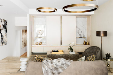 Trendy beige floor living room photo in Melbourne with beige walls