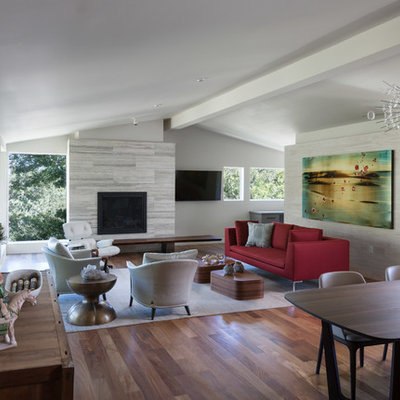 Example of a mid-sized trendy formal and open concept dark wood floor living room design in Austin with gray walls, a standard fireplace and a stone fireplace