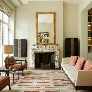 Design ideas for a medium sized contemporary formal open plan living room in London with dark hardwood flooring, a standard fireplace, a stone fireplace surround, brown floors and beige walls.
