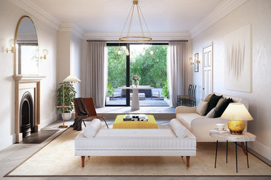 Ispirazione per un soggiorno chic con pareti beige, parquet chiaro, camino classico e pavimento beige