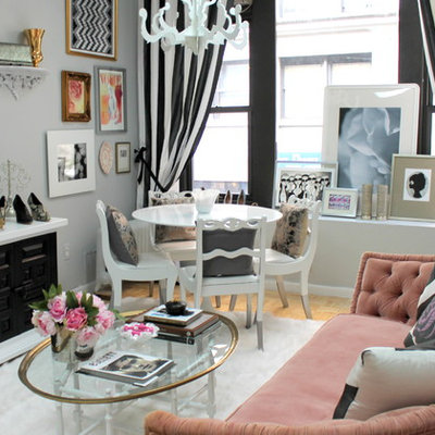 Living room - small shabby-chic style enclosed light wood floor living room idea in Kansas City with no tv and gray walls