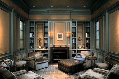 Inspiration for a mid-sized timeless enclosed living room library remodel in Chicago with beige walls, a standard fireplace, a wood fireplace surround and no tv