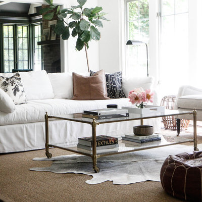 Mid-sized farmhouse open concept dark wood floor and brown floor living room photo in Chicago with white walls, no fireplace and no tv