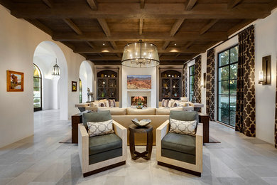 Living room - huge mediterranean open concept limestone floor and gray floor living room idea in Other with white walls, a wood stove and a stone fireplace