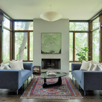 Inspiration for a contemporary dark wood floor and brown floor living room remodel in Austin with white walls and a standard fireplace