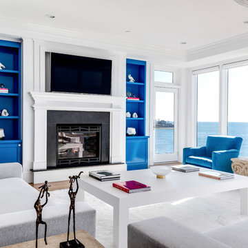 Ocean-front living room with blue accents