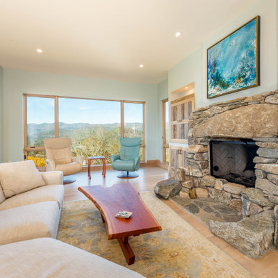Inspiration for a contemporary open concept light wood floor and beige floor living room remodel in Other with blue walls, a standard fireplace and a stone fireplace