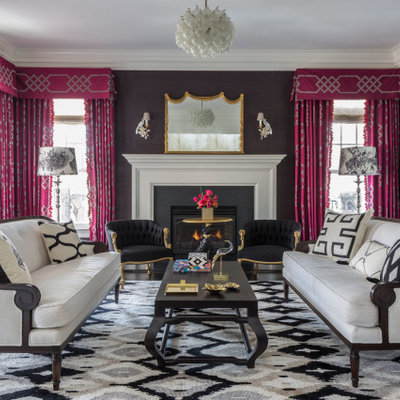 Living room - traditional formal and enclosed dark wood floor, brown floor and wallpaper living room idea in Bridgeport with brown walls, a standard fireplace and no tv