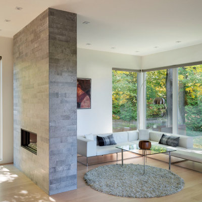 Living room - mid-sized modern open concept light wood floor and beige floor living room idea in New York with white walls, a two-sided fireplace and a tile fireplace