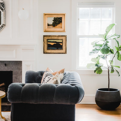 Living room - mid-sized transitional formal and open concept light wood floor living room idea in Minneapolis with white walls, a standard fireplace, a stone fireplace and no tv
