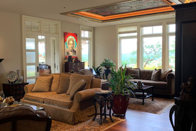 Example of a large transitional formal and open concept dark wood floor, brown floor and coffered ceiling living room design in Seattle with beige walls